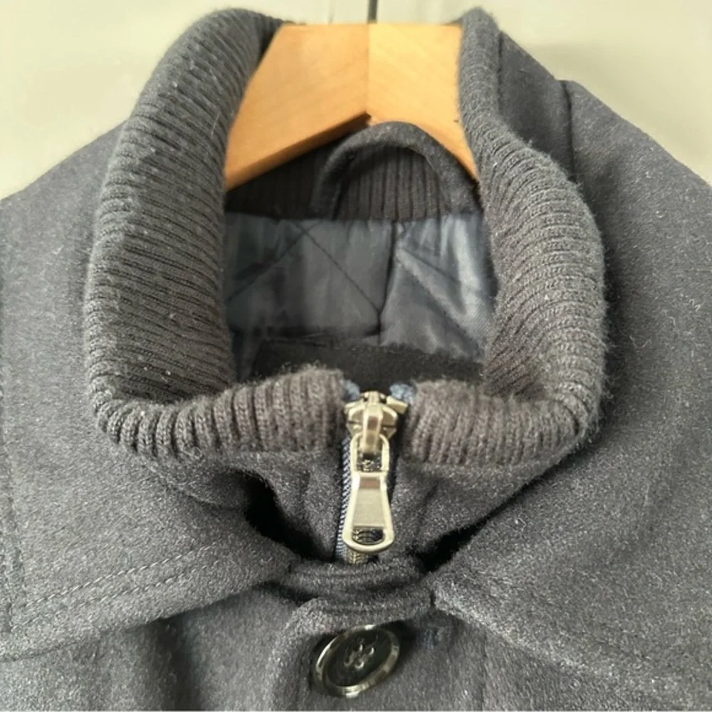Towne by London Fog Wool Blend Quilted Zip and Button Up Coat |‎ Navy Blue